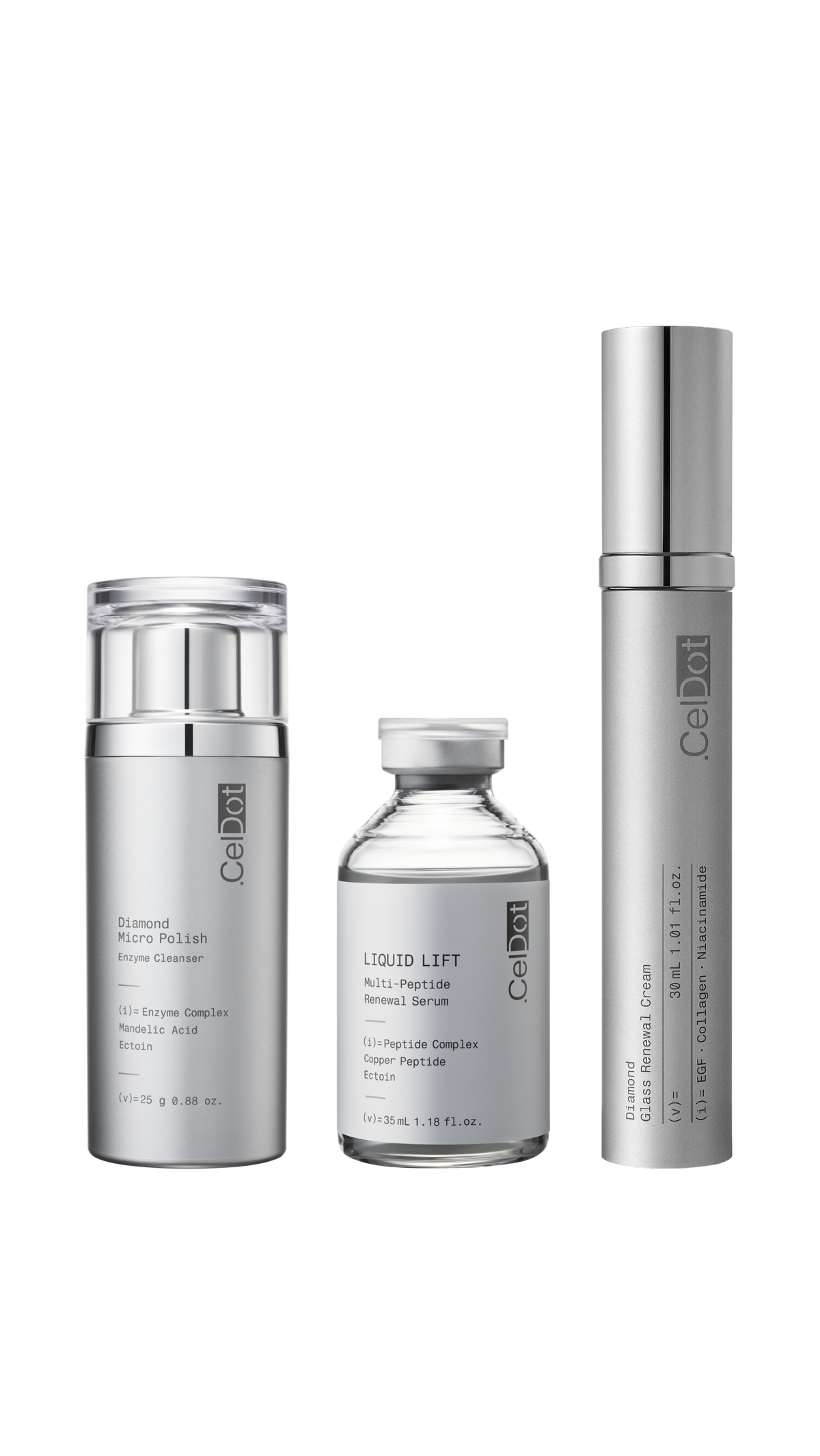 💎CelDot Glass Skin Trio - Diamond Micro Polish Enzyme Cleanser & Liquid Lift Multi-Peptide Renewal Serum & Diamond Glass Renewal Cream