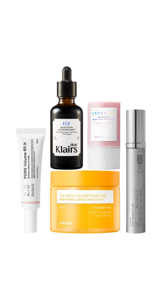 ** Limited-Time Offer ** Insane Daily Routine - Celimax TXA Body Pad & CelDot Diamond Cream & Abib Volume Fill It & SKIN1004 Centella Clay Stick Mask & Dear Klairs EGF Serum