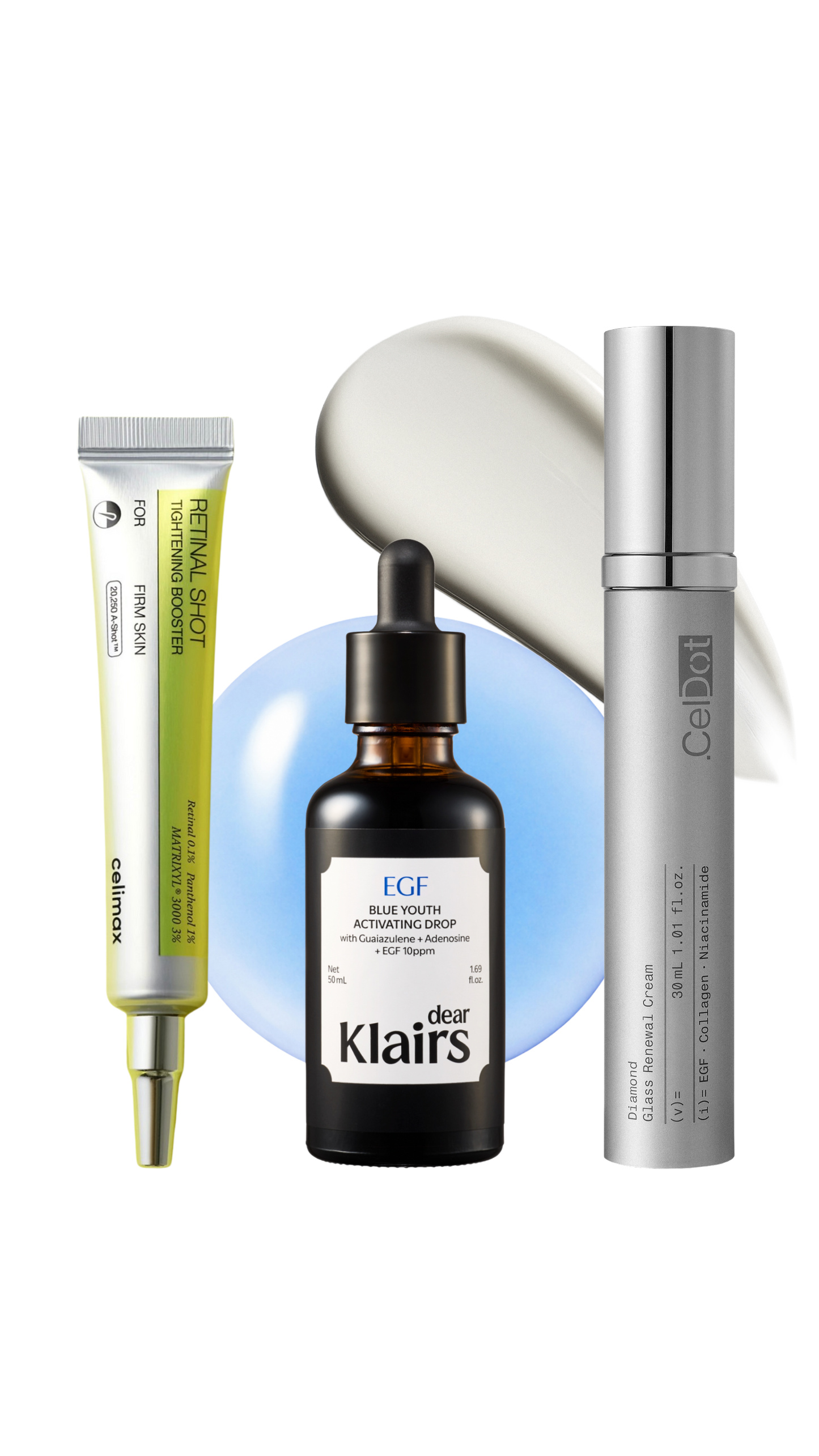 ** Limited-Time Offer ** Mirrored Skin Golden Trio - Dear Klairs EGF Serum & CelDot Diamond Cream & Celimax Retinal Shot
