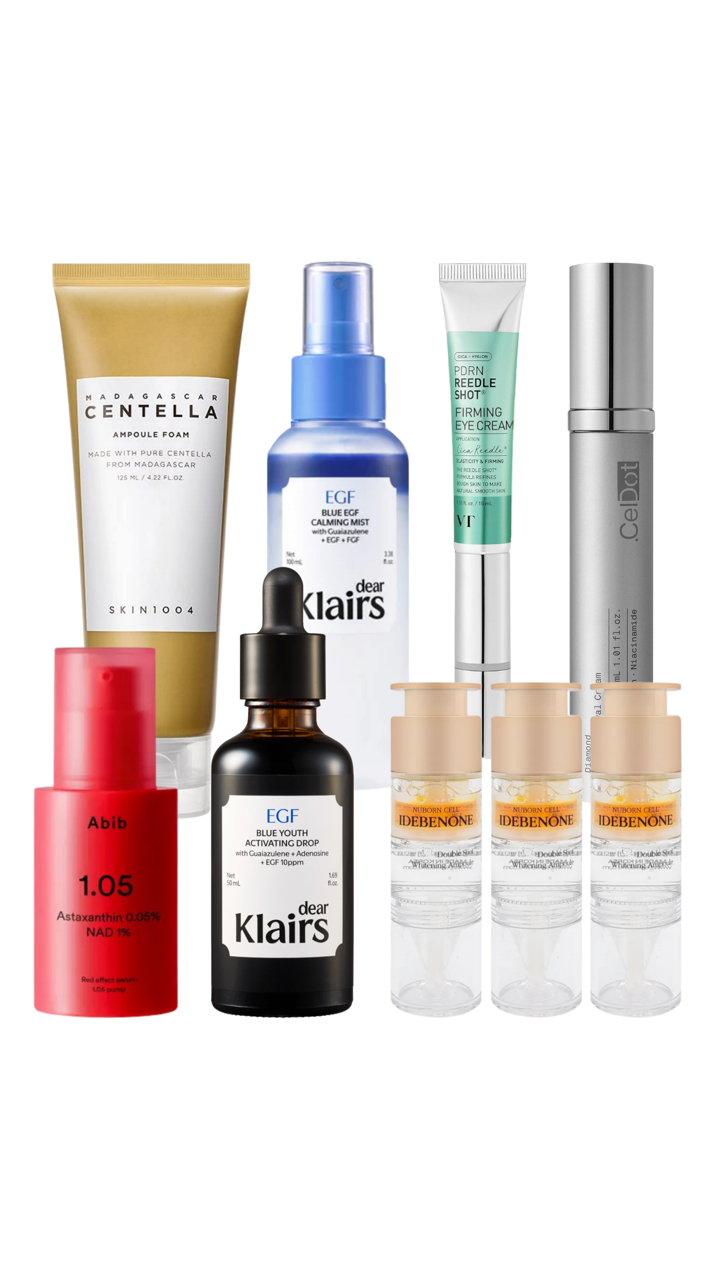 ** Limited-Time Offer ** Night Skincare Before Bed - SKIN1004 Centella Ampoule Foam (125ml) & Dear Klairs EGF Mist & Dear Klairs EGF Serum & BLANC DUBU Nuborn Cell Idebenone & Abib Red effect serum & VT PDRN Reedle Shot Eye Lifter & CelDot Diamond Cream