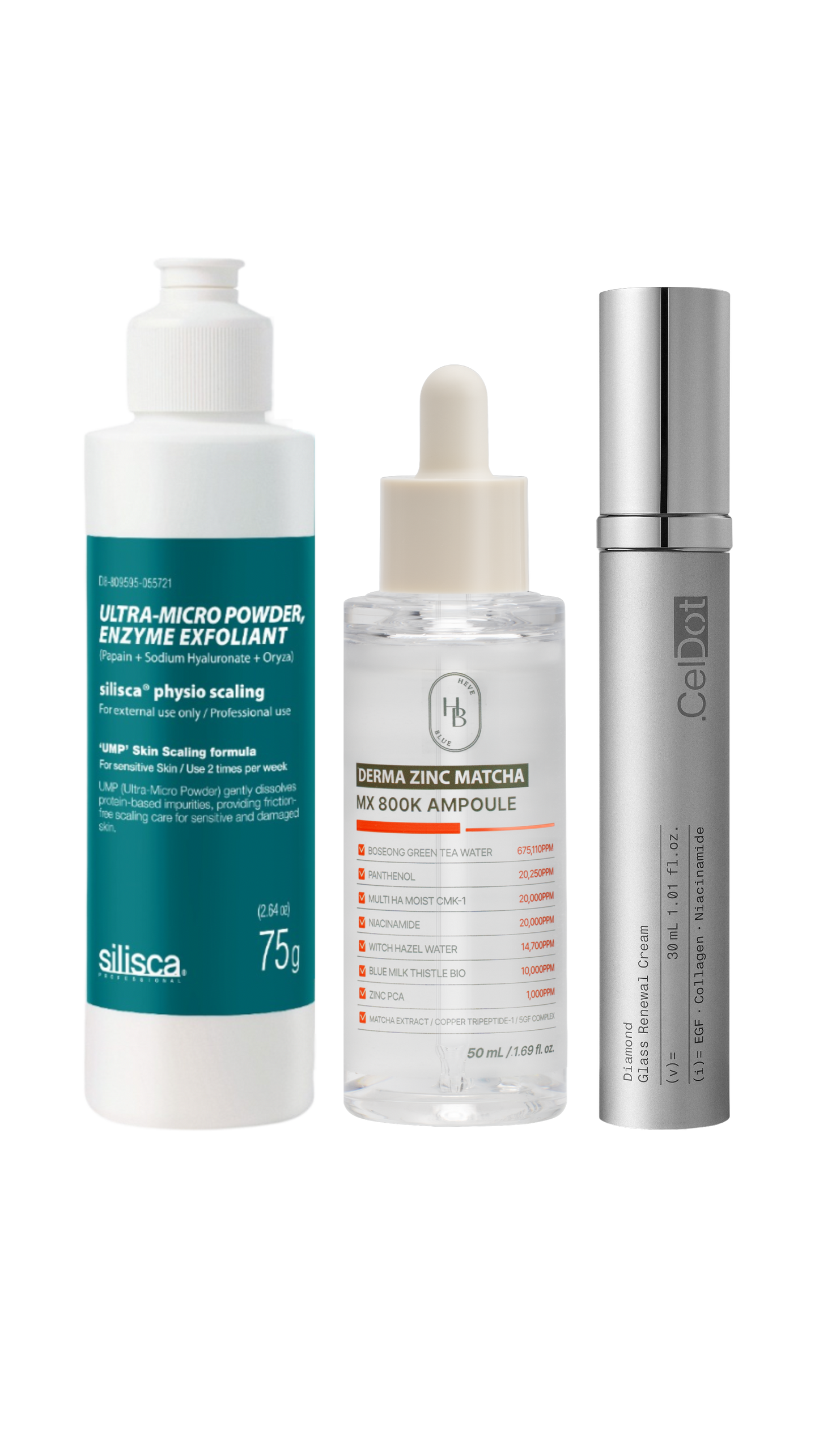 ** Limited-Time Offer ** Textured/Bumpy Skin Golden Trio - Silisca Enzyme Exfoliant & HEVEBLUE Derma Zinc Ampoule & CelDot Diamond Cream