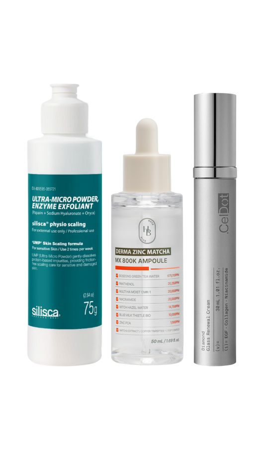 ** Limited-Time Offer ** Textured/Bumpy Skin Golden Trio - Silisca Enzyme Exfoliant & HEVEBLUE Derma Zinc Ampoule & CelDot Diamond Cream