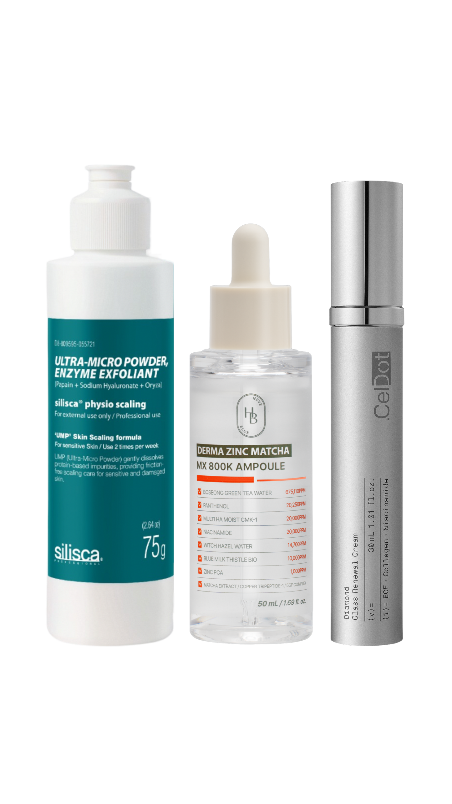 Textured/Bumpy Skin Golden Trio - Silisca Enzyme Exfoliant & HEVEBLUE Derma Zinc Ampoule & CelDot Diamond Cream