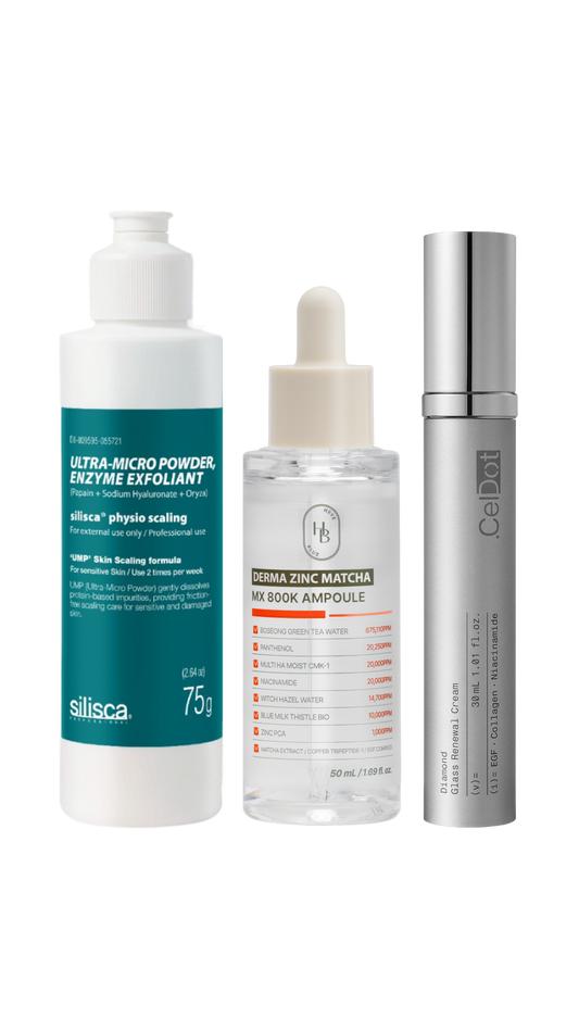 ** Limited-Time Offer ** Textured/Bumpy Skin Golden Trio - Silisca Enzyme Exfoliant & HEVEBLUE Derma Zinc Ampoule & CelDot Diamond Cream