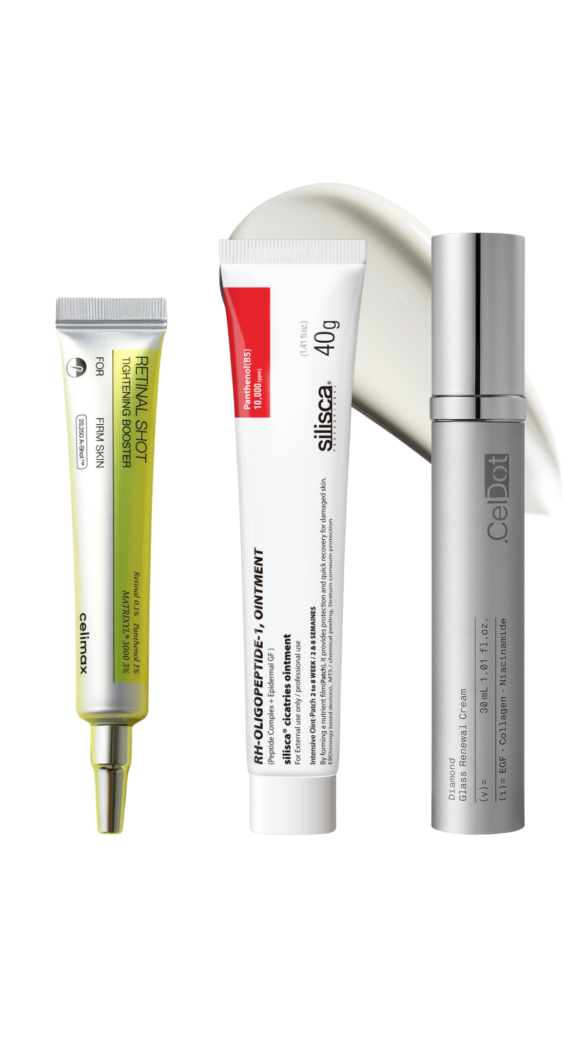 The 3 High Functioning Skincare - CelDot Diamond Cream & Silisca Cicatries Ointment & Celimax Retinal Shot