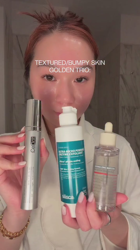 ** Limited-Time Offer ** Textured/Bumpy Skin Golden Trio - Silisca Enzyme Exfoliant & HEVEBLUE Derma Zinc Ampoule & CelDot Diamond Cream